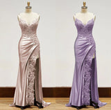 Niulatu Black Spaghetti Straps Evening Dresses Satin Sheath Long Prom Dresses with Slits HZ1026