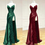 Niulatu Black Spaghetti Straps Evening Dresses Satin Sheath Long Prom Dresses with Slits HZ1026