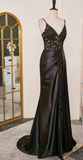 Niulatu Black Spaghetti Straps Evening Dresses Satin Sheath Long Prom Dresses with Slits HZ1026
