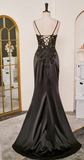 Niulatu Black Spaghetti Straps Evening Dresses Satin Sheath Long Prom Dresses with Slits HZ1026