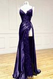 Niulatu Black Spaghetti Straps Evening Dresses Satin Sheath Long Prom Dresses with Slits HZ1026