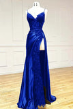 Niulatu Black Spaghetti Straps Evening Dresses Satin Sheath Long Prom Dresses with Slits HZ1026