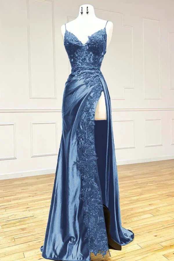 Niulatu Black Spaghetti Straps Evening Dresses Satin Sheath Long Prom Dresses with Slits HZ1026
