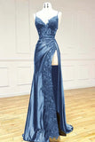 Niulatu Black Spaghetti Straps Evening Dresses Satin Sheath Long Prom Dresses with Slits HZ1026