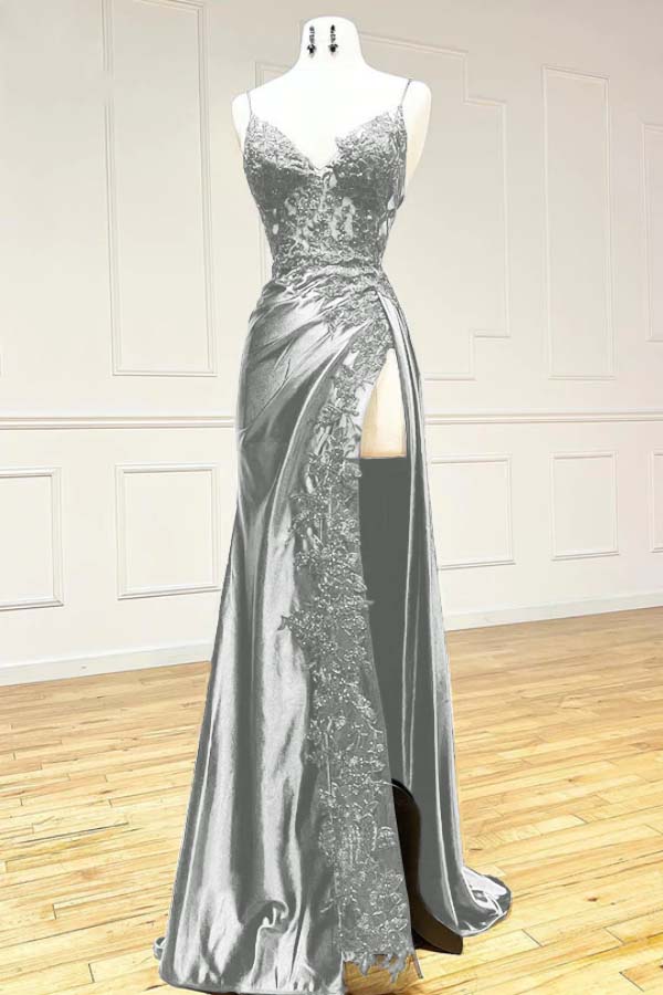 Niulatu Black Spaghetti Straps Evening Dresses Satin Sheath Long Prom Dresses with Slits HZ1026