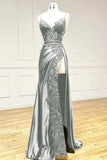 Niulatu Black Spaghetti Straps Evening Dresses Satin Sheath Long Prom Dresses with Slits HZ1026