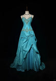 Niulatu A-Line Spaghetti Straps Satin Beaded Long Prom Dress Sweetheart Neck Applique Graduation Prom Dress HZ1103