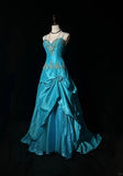 Niulatu A-Line Spaghetti Straps Satin Beaded Long Prom Dress Sweetheart Neck Applique Graduation Prom Dress HZ1103