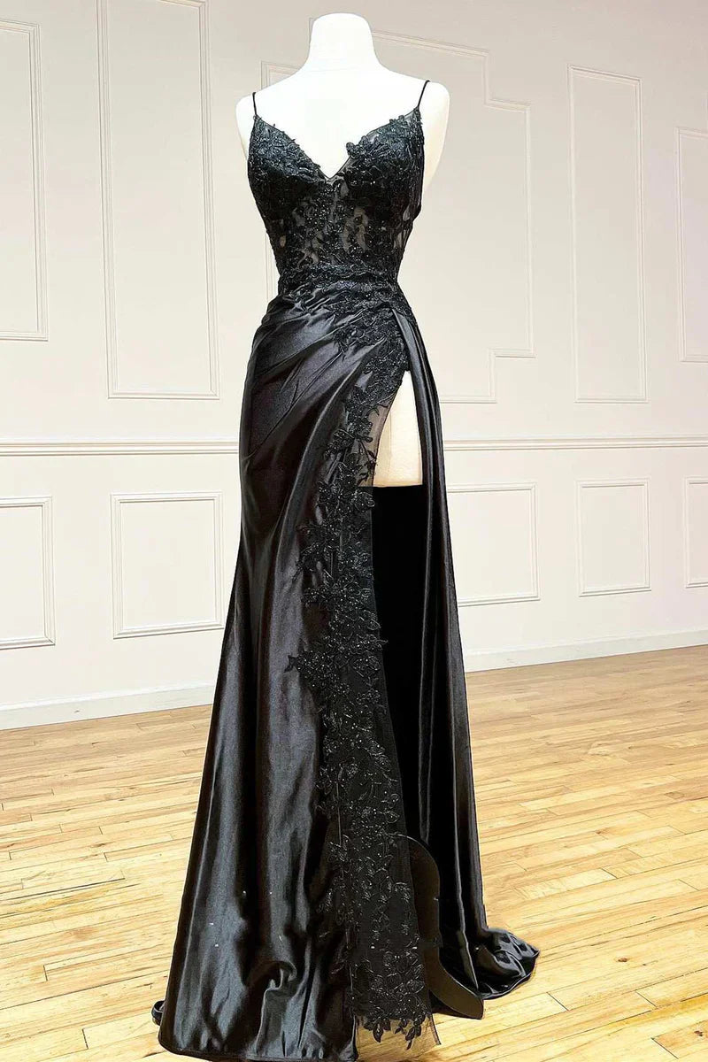 Niulatu Black Spaghetti Straps Evening Dresses Satin Sheath Long Prom Dresses with Slits HZ1026