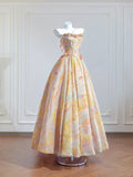 Niulatu Butter Yellow Strapless Satin A-Line Long Prom Dresses Unique Wedding Dresses HZ1103