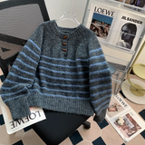 Niulatu horn button striped half open collar sweater HZ1108