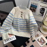Niulatu horn button striped half open collar sweater HZ1108