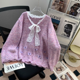 Niulatu and sweet lace bow sequined V-neck sweater HZ1108