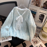 Niulatu and sweet lace bow sequined V-neck sweater HZ1108