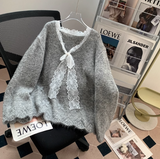 Niulatu and sweet lace bow sequined V-neck sweater HZ1108