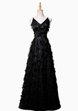Niulatu A-line V-neck satin long prom dress, black evening dress HZ1108