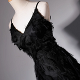 Niulatu A-line V-neck satin long prom dress, black evening dress HZ1108