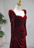 Niulatu A-line square neck velvet long sleeves long prom dress, Burgundy evening dress HZ1108