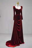 Niulatu A-line square neck velvet long sleeves long prom dress, Burgundy evening dress HZ1108