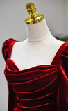 Niulatu A-line square neck velvet long sleeves long prom dress, Burgundy evening dress HZ1108