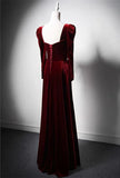 Niulatu A-line square neck velvet long sleeves long prom dress, Burgundy evening dress HZ1108