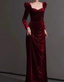 Niulatu A-line square neck velvet long sleeves long prom dress, Burgundy evening dress HZ1108