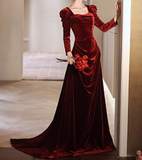 Niulatu A-line square neck velvet long sleeves long prom dress, Burgundy evening dress HZ1108