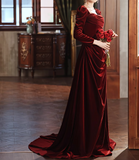 Niulatu A-line square neck velvet long sleeves long prom dress, Burgundy evening dress HZ1108