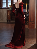 Niulatu A-line square neck velvet long sleeves long prom dress, Burgundy evening dress HZ1108