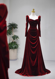Niulatu A-line square neck velvet long sleeves long prom dress, Burgundy evening dress HZ1108