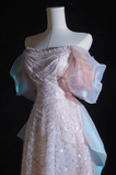 Niulatu Pink A-line off-shoulder tulle sequins beaded long prom dress, pink evening dress HZ1108