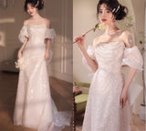 Niulatu Pink A-line off-shoulder tulle sequins beaded long prom dress, pink evening dress HZ1108