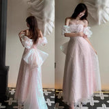 Niulatu Pink A-line off-shoulder tulle sequins beaded long prom dress, pink evening dress HZ1108