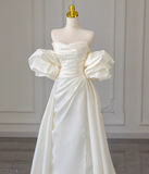 Niulatu A-line off-the-shoulder satin long prom dress, off-white long train dress HZ1108