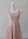 Niulatu pink A-line tulle sequin short prom dress, light pink homecoming dress HZ1108