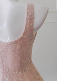 Niulatu pink A-line tulle sequin short prom dress, light pink homecoming dress HZ1108