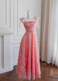 Niulatu A-line tulle lace short prom dress, pink homecoming dress HZ1108