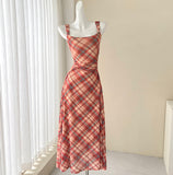 Niulatu retro plaid suspender tea dress HZ1108