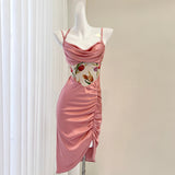 Niulatu waist printed satin suspender dress HZ1108