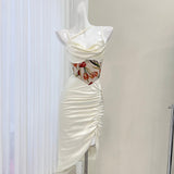 Niulatu waist printed satin suspender dress HZ1108