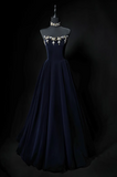 Niulatu A-line strapless velvet long prom dress, navy evening dress HZ1108
