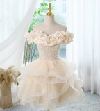 Niulatu A-line off-the-shoulder tulle lace short prom dress, champagne homecoming dress HZ1108