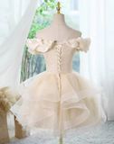 Niulatu A-line off-the-shoulder tulle lace short prom dress, champagne homecoming dress HZ1108