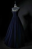 Niulatu A-line strapless velvet long prom dress, navy evening dress HZ1108