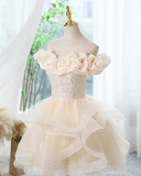 Niulatu A-line off-the-shoulder tulle lace short prom dress, champagne homecoming dress HZ1108