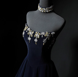 Niulatu A-line strapless velvet long prom dress, navy evening dress HZ1108