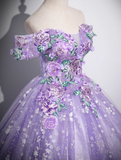 Niulatu A-Line Off Shoulder Tulle Lace Purple Long Prom Dress, Purple Long Formal Dress HZ1108