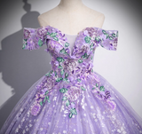 Niulatu A-Line Off Shoulder Tulle Lace Purple Long Prom Dress, Purple Long Formal Dress HZ1108