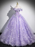 Niulatu A-Line Off Shoulder Tulle Lace Purple Long Prom Dress, Purple Long Formal Dress HZ1108