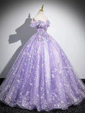 Niulatu A-Line Off Shoulder Tulle Lace Purple Long Prom Dress, Purple Long Formal Dress HZ1108